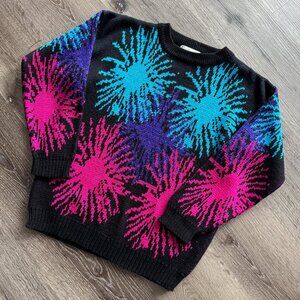 Vtg 80s EnChante sparkly knit crewneck neon maximalist fireworks sweater / sz S